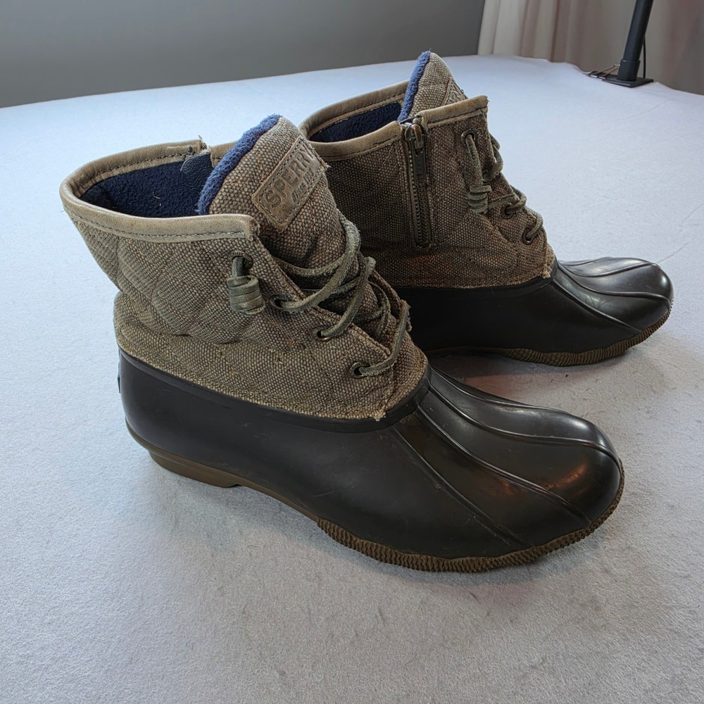 Sperry Saltwater Duck Boots Womens 7 Olive Green Brown Waterproof STS99132